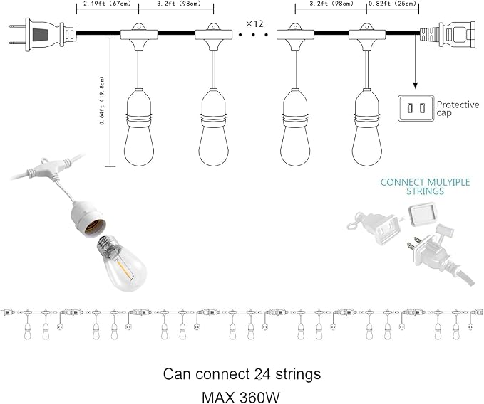 Banord Outdoor String Lights, 48FT Waterproof Patio Lights with 1W Dimmable LED Bulbs, White Hanging String Lights for Outdoor Backyard, Garden, Deck, Porch, Gazebo, Balcony, Camping, Party