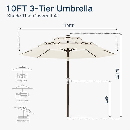 10FT Patio Umbrella 3 Tiers Outdoor Market Umbrella w/Push Button Tilt, Crank, UV and Waterproof Table Umbrella for Garden, Pool, Backyard, Deck, Lawn, Creamy White