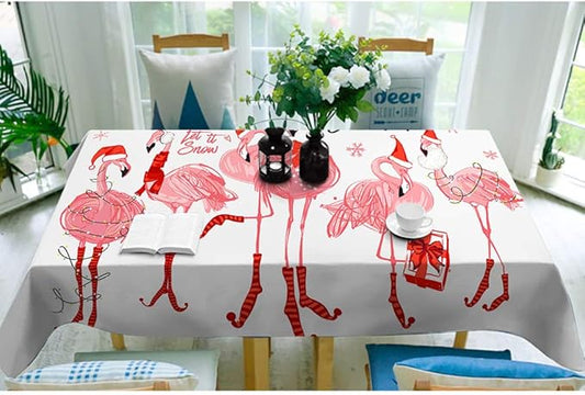 Moslion Pink Flamingo Rectangle Tablecloth Bird Christmas Santa Hat Sweet Happy Holiday Cartoon Cute Animal 60x84 Inch Table Cloth Dust-Proof Table Cover for Party Table Cover Kitchen Dinning