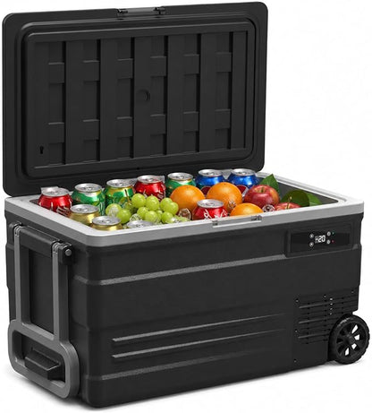 YELLOW JACKET Car Refrigerator, 78QT Cooler with Wheels, Portable Freezer | -4°F to 68°F, MAX/ECO, 3-level battery, tilt 45°, <45dB, 78QT(74L), multi-power, wheels, LED/drain