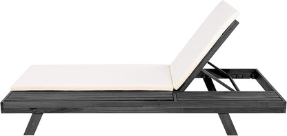Christopher Knight Home Dami Patio Chaise Lounge Chair Outdoor with 2-Thick Cushion, Acacia Wood Poolside Sun Lounger with Space Available On One Side, Adjustable Backrest Pool Lounger, Black + Cream