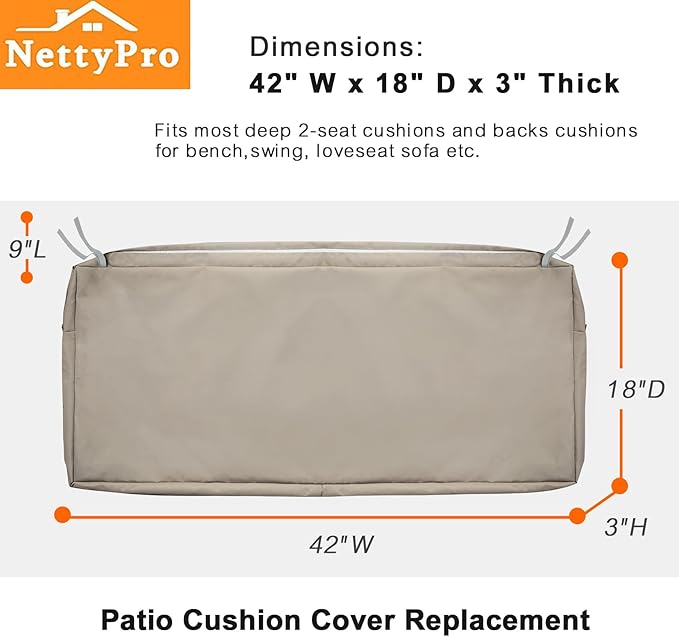 NettyPro Outdoor Bench Swing Loveseat Cushion Covers, Patio Furniture Cushion Slipcovers with Zipper, Water Resistant UV Protection, Replacement Cover Only, 42 x 18 x 3 Inch