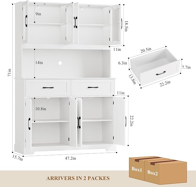 BOTLOG 71" Large Pantry Storage Cabinet with Microwave Stand | Tall Hutch Cabinet with Glass Doors 8 Storage Compartments for Dining Room, Modern White