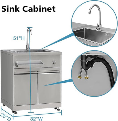 SINDA 4-Piece Outdoor Kitchen Package, 32" Side Burner, 24" Under-Counter Fridge, Refrigerator Cabinet, Outdoor Sink, Stainless Steel, 5.4 Cu. Ft. Capacity