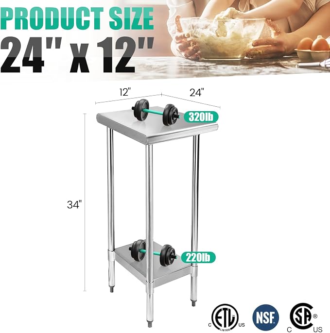 STABLEINK Stainless Steel Small Table with Undershelf 12x24 Inches for Prep | NSF Certified Heavy Duty Metal Work Table Workbench for Commercial Kitchen Restaurant Hotel Laundry Garage Chef Homemaker