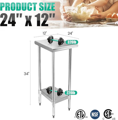 STABLEINK Stainless Steel Small Table with Undershelf 12x24 Inches for Prep | NSF Certified Heavy Duty Metal Work Table Workbench for Commercial Kitchen Restaurant Hotel Laundry Garage Chef Homemaker