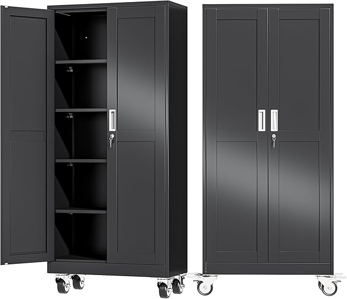 Ckzbx Metal Garage Storage Cabinet with Locking Doors and Adjustable Shelves,71" H Steel File Cabinet with Wheels for Garage,Office (Black)