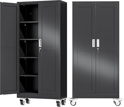 Ckzbx Metal Garage Storage Cabinet with Locking Doors and Adjustable Shelves,71" H Steel File Cabinet with Wheels for Garage,Office (Black)