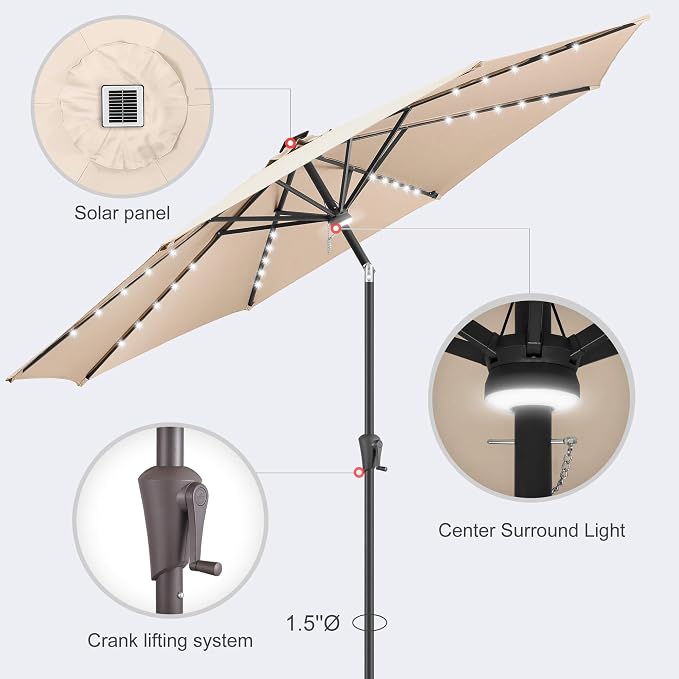 Solar Patio Umbrella with Centre Light, 10 ft Beige | 40 LED Lights, UV Protection, Solar Outdoor Umbrella for Porch, Deck, Pool, Table, Garden, Provides Evening Lighting