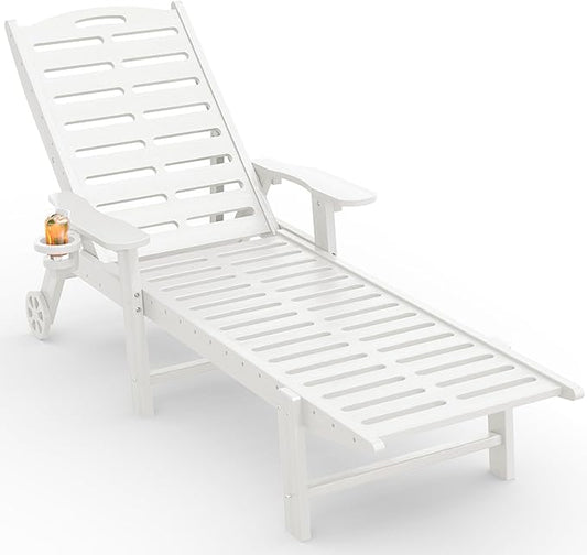 Lounge Chair Outdoor with Wheels & Cup Holder, 5-Position Adjustable Heavy Duty Patio Lounge Chair, HDPE Outdoor Chaise Lounge, 350 lbs Capacity, All Weather for Poolside, Deck, Backyard (White)
