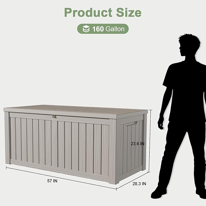 160 Gallon Deck Box, Heavy-Duty Double-Wall Outdoor Storage Box Waterproof for Patio Furniture Cushions & Garden Tools, Lockable Resin Storage Bench with Piston Hinge, Gray