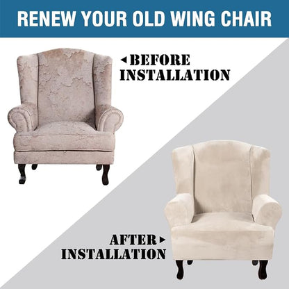 H.VERSAILTEX Wingback Chair Covers Polyester Spandex Plush Wing Chair Slipcover 1 Piece High Stretch Wing Back Chair Slipcovers Sofa Cover Furniture Cover with Elastic Bottom, Cream