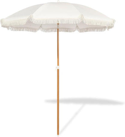 Seazul 5.2ft Patio Umbrella with Fringe, Beach Umbrella, Fringe Umbrella Outdoor Patio, Tilting Steel Pole, UV 50+, Fiberglass Ribs, Elegant Cream