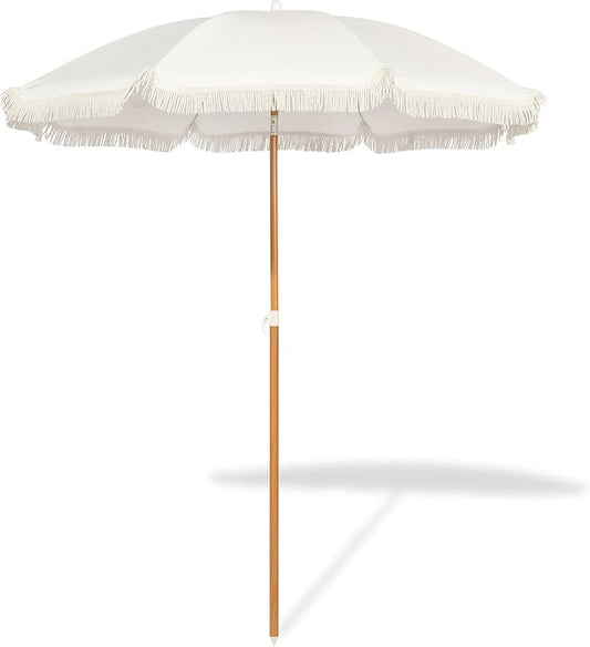 Seazul 5.2ft Patio Umbrella with Fringe, Beach Umbrella, Fringe Umbrella Outdoor Patio, Tilting Steel Pole, UV 50+, Fiberglass Ribs, Elegant Cream