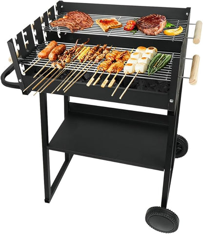Portable Charcoal Grill, Skewer Charcoal Grill with wheels for Outdoor Cooking Camping Garden