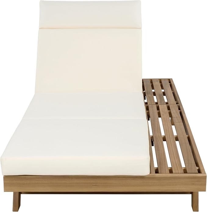 Christopher Knight Home Dami Chaise Lounge Chair Outdoor with 4'' Foldable Cushion, Acacia Wood Poolside Sun Lounger, Space Available On One Side, Adjustable Backrest Pool Lounger, Light Brown+Beige