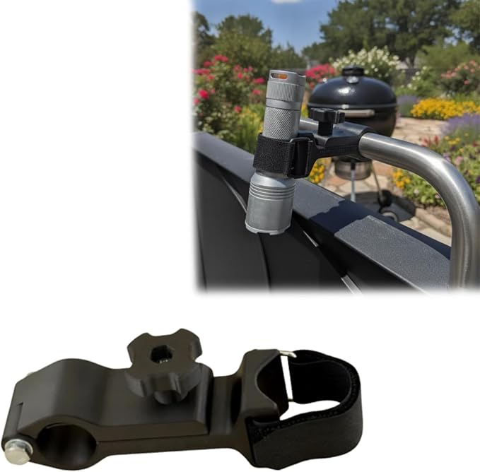 Flashlight Mount for Grill Handle, BBQ Flashlight Holder for 1 Inch Thick Lid Handle, Adjustable Hook and Loop Strap