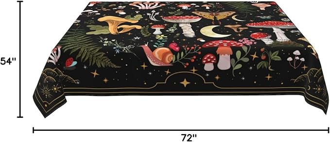 Mushroom Tablecloth Washable Waterproof Moth Gothic Witchy Table Cover for Kitchen Dining Room Picnic Party BBQ Wedding, Rectangle 54x72 Inch Black Table Cloth