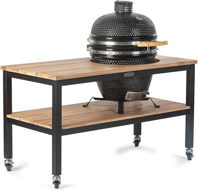 Ash & Ember 18" Kamado Grill Kit with Aluminum Table, Grade A Teak Shelves, Built-In Thermometer, Airflow Vent, Heat Deflector, Ash Drawer, Ash Tool, Clip Tool, Protective Cover Included