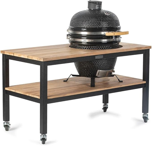 Ash & Ember 18" Kamado Grill Kit with Aluminum Table, Grade A Teak Shelves, Built-In Thermometer, Airflow Vent, Heat Deflector, Ash Drawer, Ash Tool, Clip Tool, Protective Cover Included