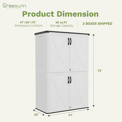 Greesum Outdoor Storage Cabinet, 50 CUFT Deck Box Without Shelves, Waterproof Plastic Storage Shed for Patio Cushions, Gardening Tools, Lockable and Sidehandles, UV Resistant, White