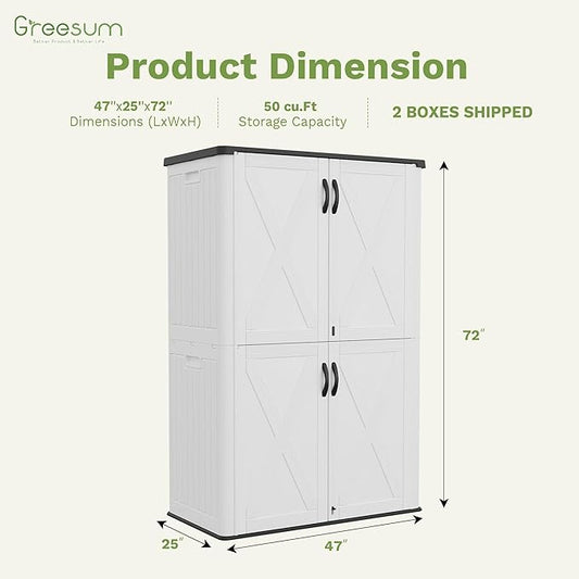 Greesum Outdoor Storage Cabinet, 50 CUFT Deck Box Without Shelves, Waterproof Plastic Storage Shed for Patio Cushions, Gardening Tools, Lockable and Sidehandles, UV Resistant, White