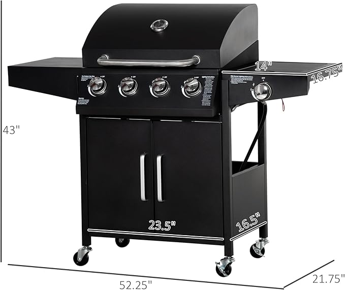 Outsunny 4 Burner Propane Gas Grill with Side Burner, 48,000 BTU Steel Outdoor Barbecue Grill with Cabinet, Shelf, Warming Rack, Thermometer, Wheels, Black