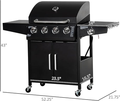 Outsunny 4 Burner Propane Gas Grill with Side Burner, 48,000 BTU Steel Outdoor Barbecue Grill with Cabinet, Shelf, Warming Rack, Thermometer, Wheels, Black
