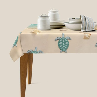 Sea Turtles Beach Table Cloths for Parties Dining Room Kitchen Wedding Indoor Outdoor Decoration Reusable Washable Teal Nautical Decorative Tablecloth, Rectangle 54"x72"