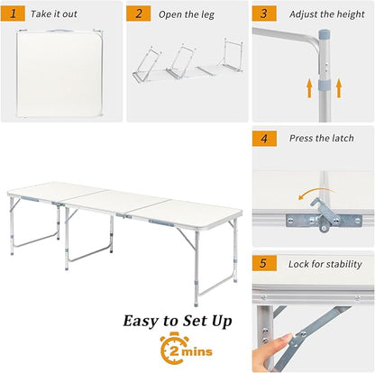 6.0 Ft Folding Portable Camping Table, Adjustable Height, Outdoor Waterproof Aluminum Lightweight Suitcase Table for Picnic, BBQ, Beach, Dining