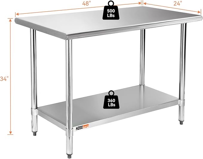 Stainless Steel Prep Table with Undershelf 48x24 Inches 4ft | Heavy Duty Metal Workbench with Adjustable Lower Shelf for Commercial Kitchen Restaurant Laundry Garage Hotel Workshop Chef