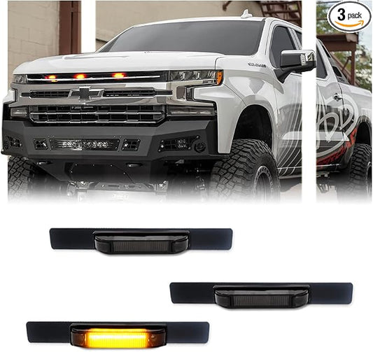 [Enhanced Visibility] [Upgraded Version] 3 PCS Super Bright Amber LED Center Grille Lights for 2019-2024 Chevrolet Silverado 1500 2500HD 3500HD, Position Smoked Lens with Sturdy Mount Bracket