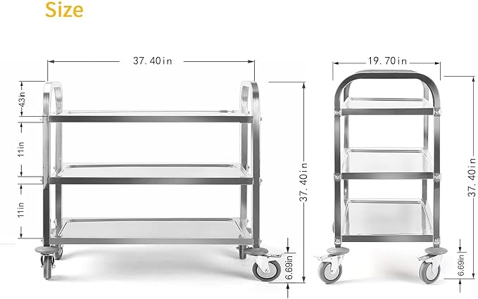 tonchean Extra Large 3 Tier Stainless Steel Cart 37.4 x 19.7 x 37.4 Inch | Kitchen Trolley Cart Serving Cart Kitchen Utility Rolling Cart Service Catering Storage Cart with Locking Wheels
