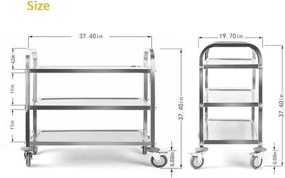 tonchean Extra Large 3 Tier Stainless Steel Cart 37.4 x 19.7 x 37.4 Inch | Kitchen Trolley Cart Serving Cart Kitchen Utility Rolling Cart Service Catering Storage Cart with Locking Wheels