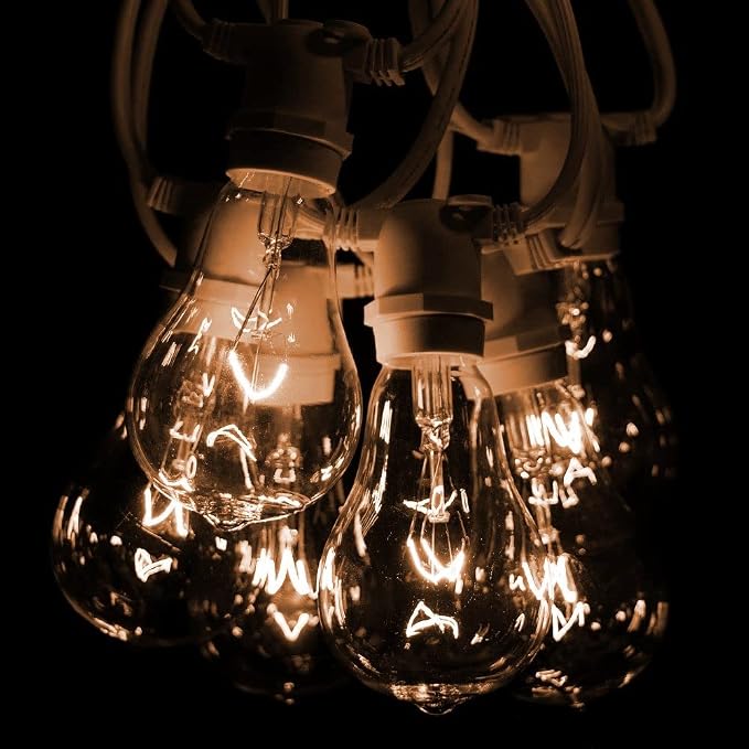 Commercial Vintage Edison String Lights (PS50 Clear - White Wire, 25 Foot) | PS50 Clear 7 Watt Bulbs, 25 Foot 20 Socket, Commercial Grade Outdoor Lights
