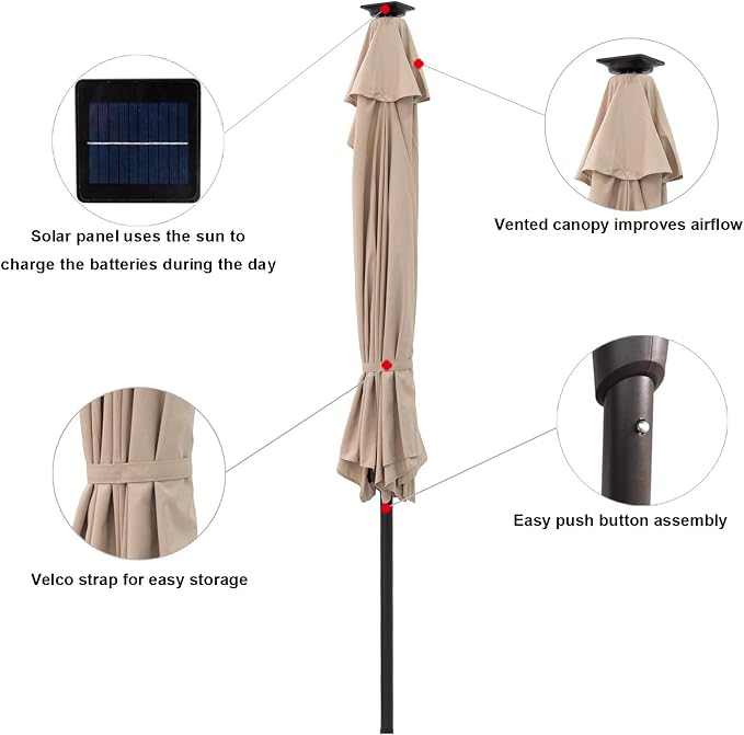 C-Hopetree 9 ft Half Round Outdoor Patio Market Wall Umbrella with Solar LED Lights and Tilt