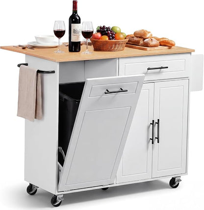 VEVOR Kitchen Island Cart with Storage, 46.06 in Wide Mobile Rolling Storage Island on Swivel Wheels, with Drawer, Storage Cabinet, Drop Leaf, Spice/Towel Rack, Table for Home Dining Room, White