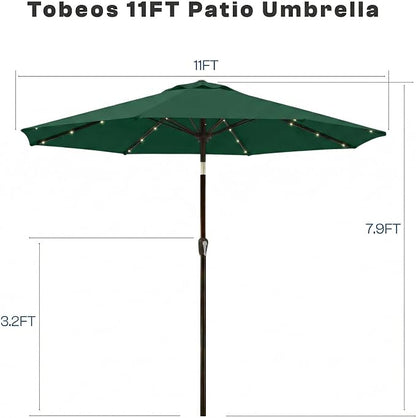 11FT Solar Lighted Patio Umbrella, Outdoor Table Market Umbrellas with Crank Lift, 32 LED Lights, 8 Sturdy Ribs, UV-Resistant for Deck, Garden, Pool
