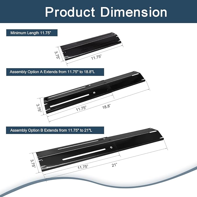Universal replacement heavy duty adjustable heat plate shield,Burner cover,Flavorizer bar,heat Tent,Flamer tamer for gas grill models,Extends from 11.75"up to 21"L (Porcelain Steel, 3 Pack)