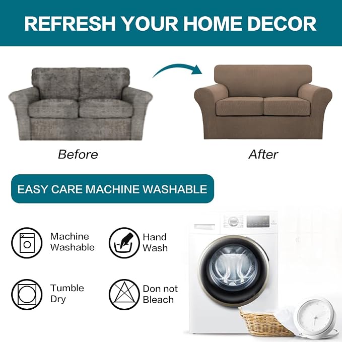Turquoize 3 Piece Sofa Covers for 2 Cushion Couch Sofa Slipcover Soft Couch Cover for Dogs-Washable Sofa Furniture Cover with 2 Individual Cushion Covers, Thick Jacquard Fabric (Loveseat, Macchiato)