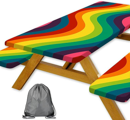 Rainbow Picnic Table Cover with Bench Covers, Elastic Edges Waterproof Windproof Colorful Stripes Camper Outdoor Tablecloth, Camping Essentials, Fitted 6FT Rectangle Tables and Seats, 3 Pcs 30x96 Inch