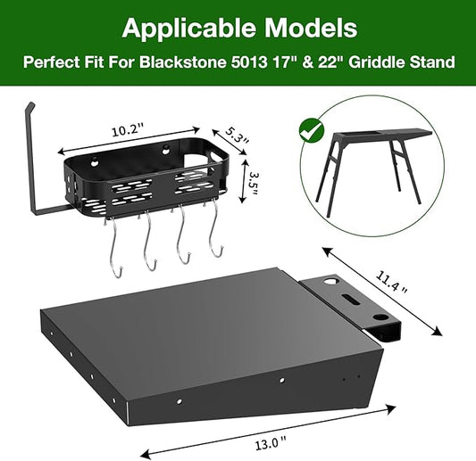 Griddle Stand Side Shelf and Griddle Caddy for Blackstone 17" 22" Griddle Stand, Griddle Shelf and Grill Caddy for Blackstone 5013 Griddle Stand with Tool Hooks, Paper Towel Holder and Spatula Holder