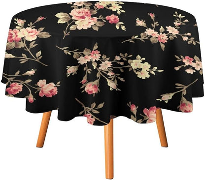 Vintage Flower Round Tablecloth, Black Pink Garden Florals Rustic Roses Boho Botanical Plant Water Resistant Wipeable Table Cover for Picnic Party Holiday Kitchen Dinner Table 50"