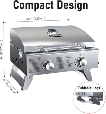 BBQCuker Portable Propane Gas Grill 2-Burner Tabletop with Foldable Legs for Outdoor Camping Cooking Two 10,000 BTU Burners Stainless Steel, and Built-in Thermometer Chef's Style