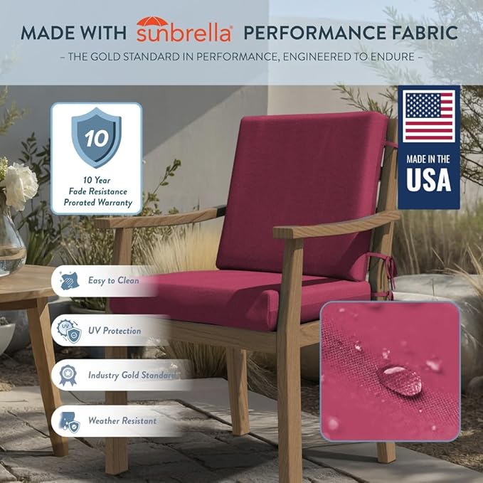 California Umbrella Outdoor Dining Chair, Set of 4 Patio Seat Cushions, 20 x 40 Inch, Premium Outdoor Memory Foam, Fade Resistant, Sunbrella Fabric, Fabric Ties, Hot Pink