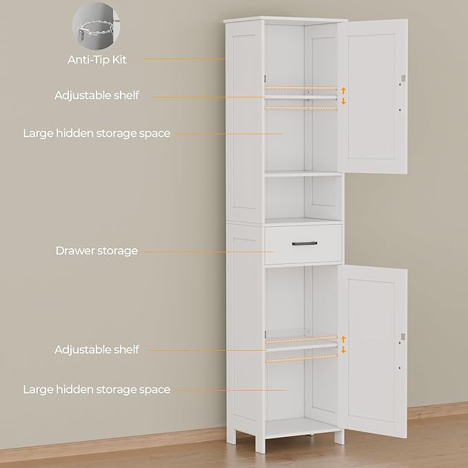 Homhedy 67" H Tall Bathroom Storage Cabinet with Barn Doors and Drawer | Narrow Storage Unit with Adjustable Shelves, Floor Cabinet for Bathroom, Living Room, Entryway or Kitchen, White, 15.7" W