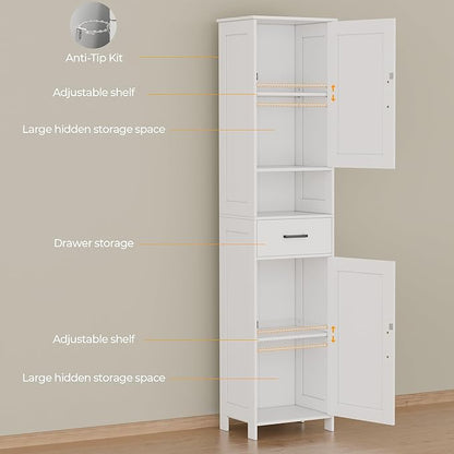 Homhedy 67" H Tall Bathroom Storage Cabinet with Barn Doors and Drawer | Narrow Storage Unit with Adjustable Shelves, Floor Cabinet for Bathroom, Living Room, Entryway or Kitchen, White, 15.7" W