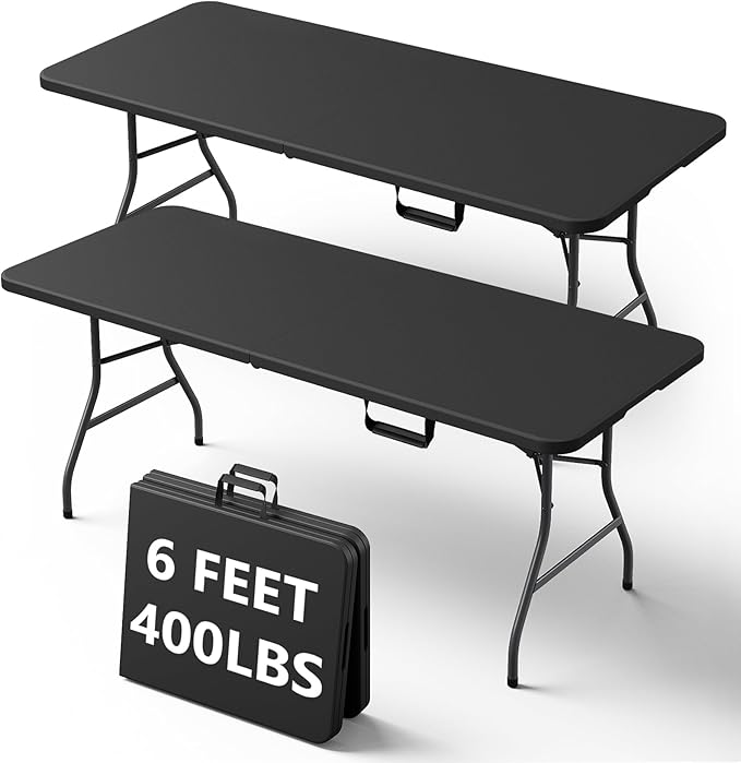 6FT Folding Table, Heavy Duty Plastic Fold-in-Half Utility Table with Handle, Portable Camping Picnic Table with Steel Legs for Indoor Outdoor Party, Dining, Black,2 Pack