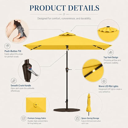 6.5 x 10ft Rectangular Patio Umbrella with Solar Lights, 16 LED Lighted Market Umbrella with Push-Button Tilt and Crank, 6 Sturdy Iron Ribs for Garden, Deck, Pool, Sunshine Yellow