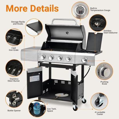 Endark 51,000 BTU 4-Burner Propane Gas Grill with Side Burner – Upgraded BBQ for Camping, Outdoor Cooking & Gatherings